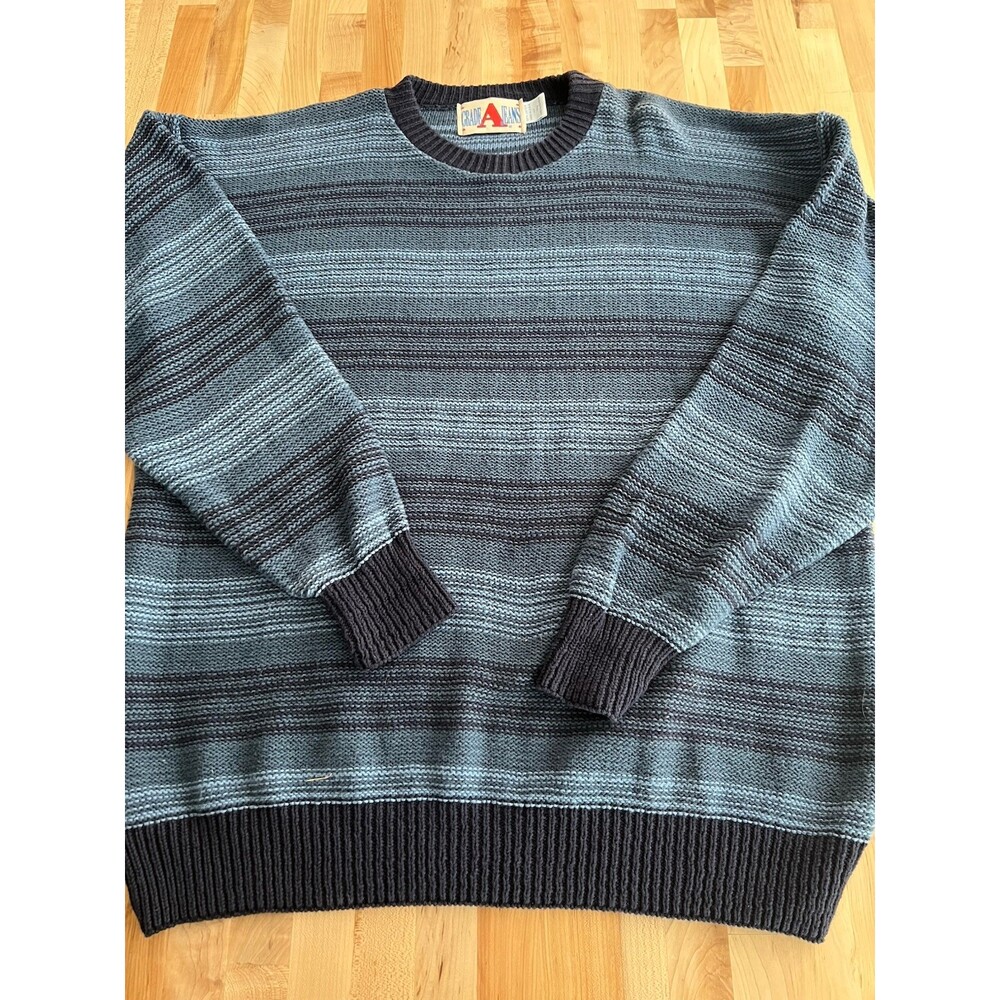 Vintage 80's Men's 100% Cotton Knit Pullover Sweater Crew Neck Blue Stripe XLT